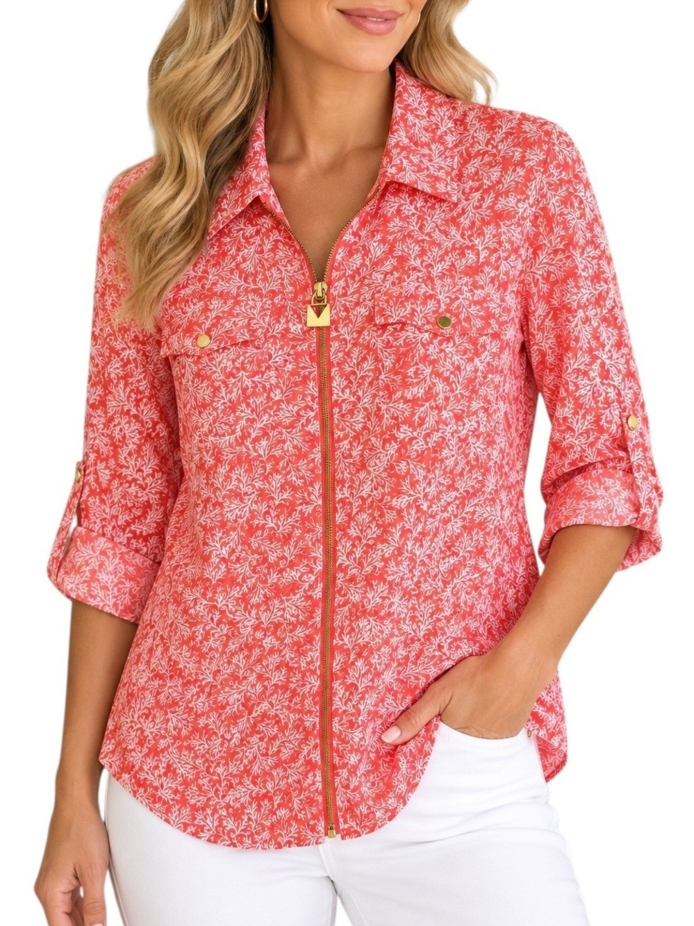 MICHAEL Michael Kors Coral Botanical Print Zip Front Blouse Roll Tab Sleeve